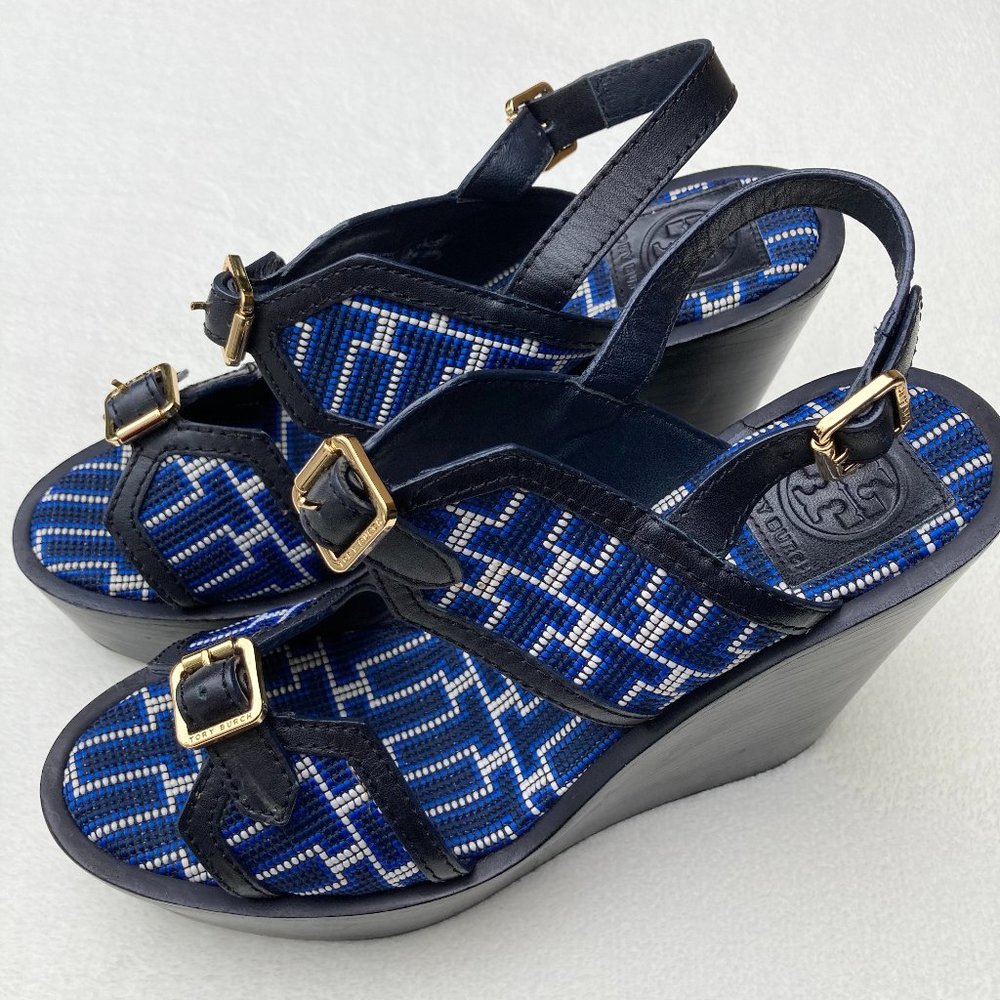 Tory Burch Leather Florian Needlepoint Slingback Wedges
